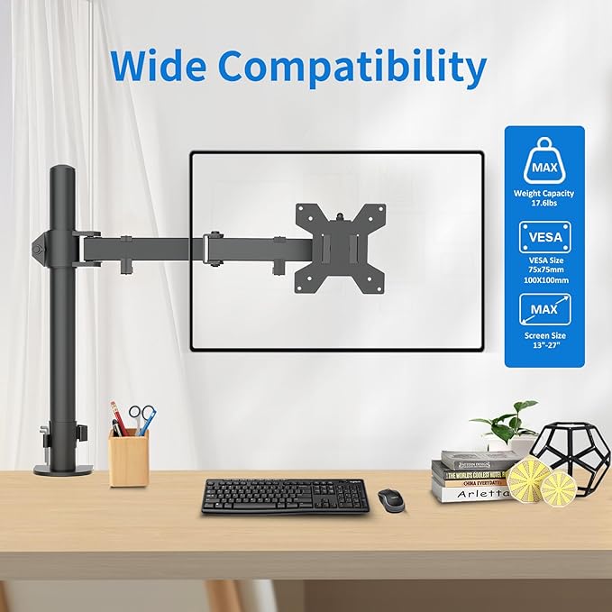 H&C(hcck&Cllassp) Single Monitor Mount, Desk Mount with Swivel, Tilt, Rotation, Height Adjustable, VESA Mount for 17-27” Monitors up to 17.6 lbs, Monitor Stand with C-Clamp, Black