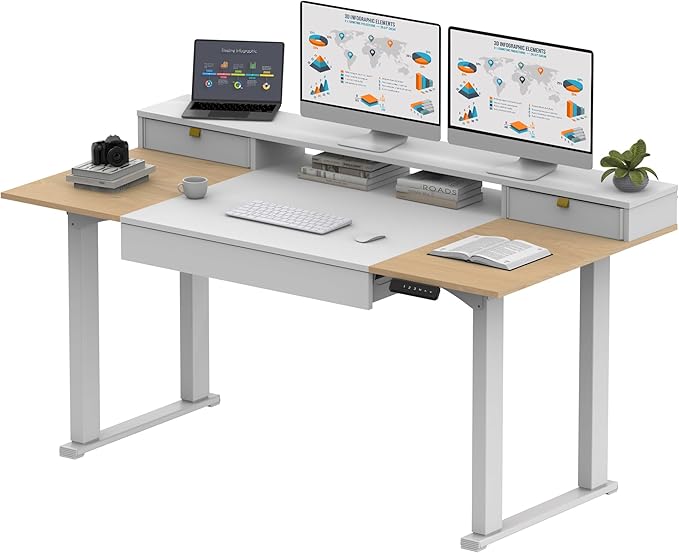 SANODESK Electric Standing Desk with Drawers, 63 x 32 inch Height Adjustable Computer Desk, Home Office Stand Up Desk with 3 Preset Heights, White