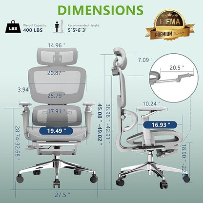 Ergonomic Office Chair with Footrest - 6D Adjustable Arms, 3D Separate Lumbar Support & Headrest, Big and Tall High Back Mesh Chair for Long Hours Working, Gaming (400 lbs Capacity)