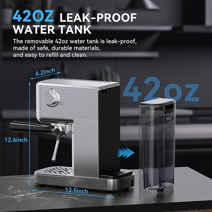 SOWTECH Espresso Machine 20 Bar, Compact Espresso Maker with Milk Frother, Stainless Steel Coffee Machine with 42 oz Water Tank for Cappuccino, Latte&Cold Brew, Home&Office, Silver