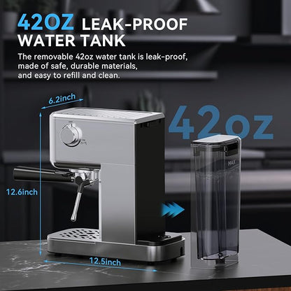 SOWTECH Espresso Machine 20 Bar, Compact Espresso Maker with Milk Frother, Stainless Steel Coffee Machine with 42 oz Water Tank for Cappuccino, Latte&Cold Brew, Home&Office, Silver
