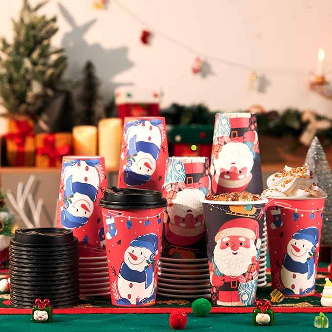 50 Pack 16 oz Christmas Coffee Cups with Lids, Holiday Disposable Paper Cups for Xmas Party Drinks, Hot Cocoa, Hot Chocolate, Cold Beverage