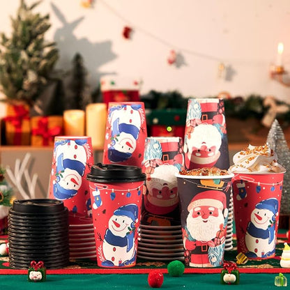 50 Pack 16 oz Christmas Coffee Cups with Lids, Holiday Disposable Paper Cups for Xmas Party Drinks, Hot Cocoa, Hot Chocolate, Cold Beverage