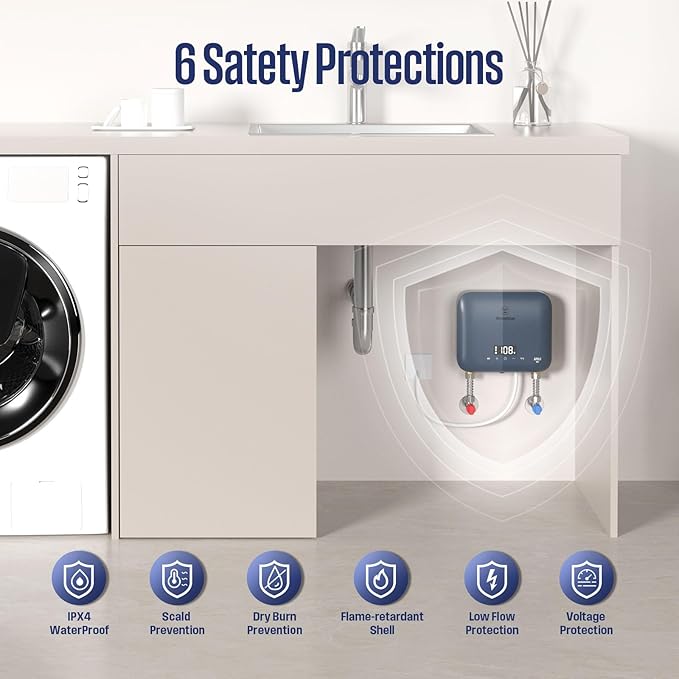 Westinghouse Apolo Mini 6.5kW Tankless Water Heater Electric, 240V Instant Hot Water, Smart WiFi Control, Compatible with Alexa & Google Home, Deep Blue