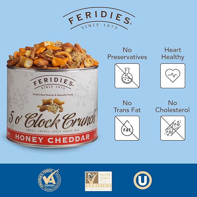 FERIDIES 5 O'clock Crunch Honey Cheddar Gourmet Snack Mix Includes Peanuts Crackers Pretzels Five Oclock Mix - 28 Oz Tin