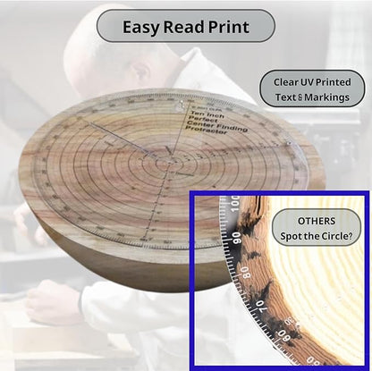 clearly printed 14" circle center finder tool, protractor, and circle maker tool and compass for woodworking and wood turning. Find the center of timber or dowel with our center finder ruler.