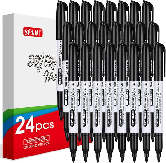 SFAIH Black Dry Erase Markers Fine Tip - 24 Pack Whiteboard Markers For High-Volume Offices, Schools, Conference Rooms | Bulk Pack of Low-Odor