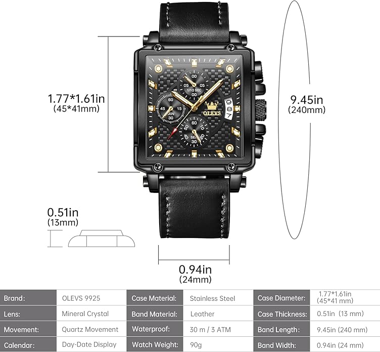 OLEVS Men's Chronograph Leather Watch, Big Face Easy to Read Analog Quartz Dress Watch, Casual Waterproof Luminous Hands Date Watches for Men, White/Blue/Black/Gold Dial
