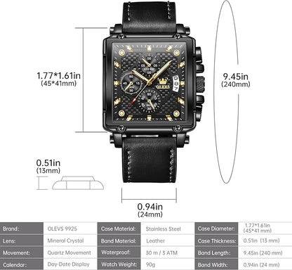 OLEVS Men's Chronograph Leather Watch, Big Face Easy to Read Analog Quartz Dress Watch, Casual Waterproof Luminous Hands Date Watches for Men, White/Blue/Black/Gold Dial