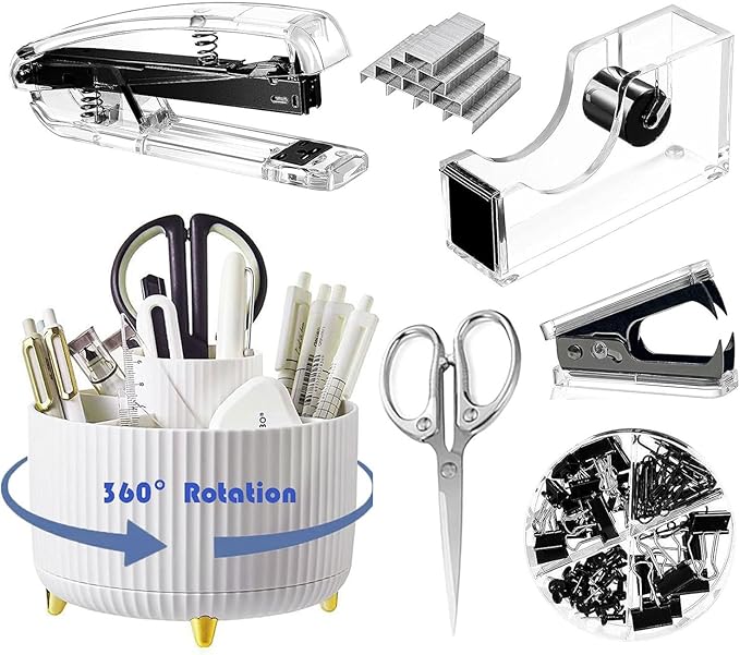 Desk Organizers and Accessories 7Pcs Set with 360-Degree Rotating Pen Holder, Acrylic Stapler, Tape Holder, Staple Remover, Binder/Paper Clips Kit, Scissor and 1 Box of Staples
