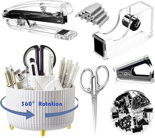 Desk Organizers and Accessories 7Pcs Set with 360-Degree Rotating Pen Holder, Acrylic Stapler, Tape Holder, Staple Remover, Binder/Paper Clips Kit, Scissor and 1 Box of Staples