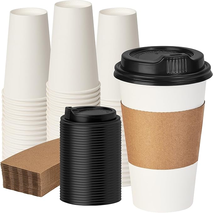 16 oz 50 Pack Coffee Cups with Lids and Sleeves, Hot Paper Coffee Cups with Lids, Disposable To Go Cup with Lid for Coffee, Tea, Hot Chocolate, Ideal for Cafes, Offices and Travel