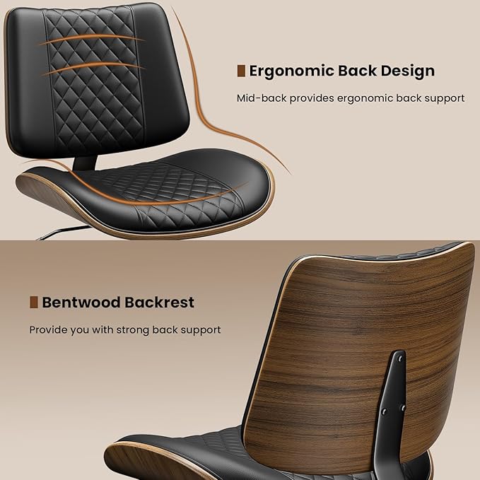 Armless Office Chair, Mid Century Modern Desk Chair with Walnut Wood Back & SGS Level 3 Gas Lift, Swivel PU Leather Computer Chair for Small Space, Home Office, 300lbs Cap, Black Set of 2