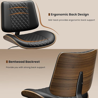 Armless Office Chair, Mid Century Modern Desk Chair with Walnut Wood Back & SGS Level 3 Gas Lift, Swivel PU Leather Computer Chair for Small Space, Home Office, 300lbs Cap, Black Set of 2