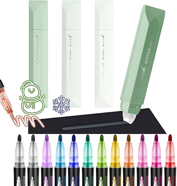 4-Pack Strong Double Sided Tape Roller with 12 Colors Double Line Outline Marker|0.23inx16.4ft Adhesive Tape Glue for Christmas Gift Wrapping,Scrapbooking,Photo,School Office DIY (Green+12 Pens)
