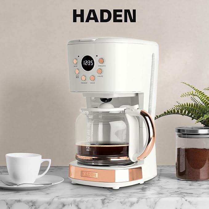 Haden Coffee Machine, 12 Cup Programmable Drip Coffee Maker with Auto Shut-Off Function and Reusable Washable Water Filter, Ivory & Copper
