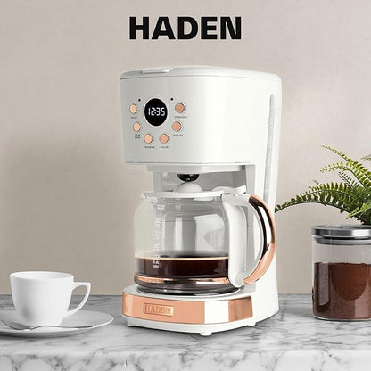 Haden Coffee Machine, 12 Cup Programmable Drip Coffee Maker with Auto Shut-Off Function and Reusable Washable Water Filter, Ivory & Copper
