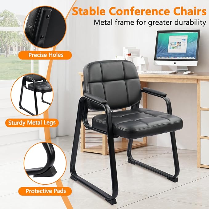 CLATINA Waiting Room Guest Chair with Bonded Leather Padded Arm Rest for Office Reception and Conference Desk Black with Sled Base 4 Pack