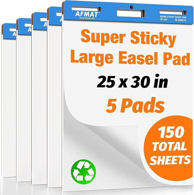 AFMAT Sticky Easel Pads, 25 in x 30 in Flip Chart Paper for Teachers, Super Sticky & Bleed-Resistant, Self-Stick Easel Paper for Office/Classroom/Whiteboard/Wall/Windows, 30 Sheets/Pad, 5 Pads