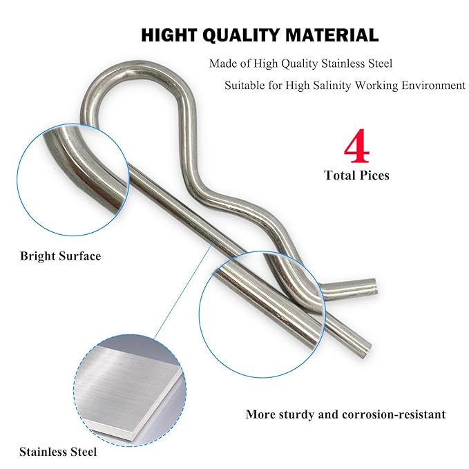 4 Pcs Heavy Duty Stainless Steel Cotter Pin R Clip Large Spring Retaining Wire Hair Pins Hitch Pin Clips Large Carter Pins for Trailer Pin Clips Lock System M4x85 Keeper Pins