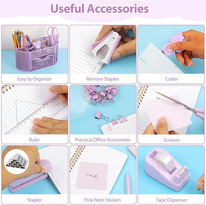 Office Supplies for Desk,14pcs Purple Desk Sets and Accessories, Office Supply Kit with Mesh Desktop Organizer and Stapler,Staple Remover, Staples,Tape Dispenser,Sticky Tabs,Scissors, Ruler