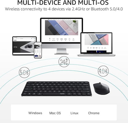 Rapoo 9010M Multi-Device Keyboard and Mouse Combo, 2.4GHz/Bluetooth 5.0/4.0 Wireless Keyboard & Mouse Set for Windows/Mac/Linux/Chrome, Support 4 Devices, Low-Profile Silent Click, Battery Powered