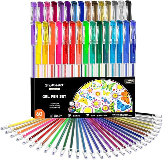 Shuttle Art Gel Pens 60 Pack — Assorted Colors with Ink Refills for Journaling & Drawing