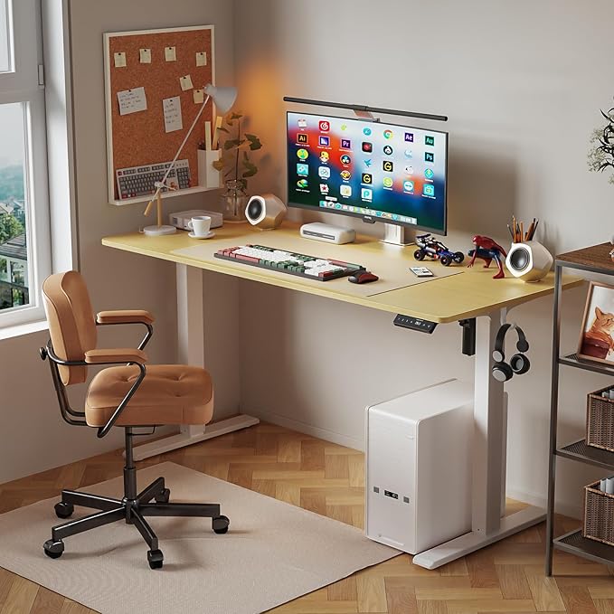 55x24 Inches Height Adjustable Electric Standing Desk with 2 Hooks for Home Office, Ergonomic Sit Stand up Desk with Splice Board, Oak