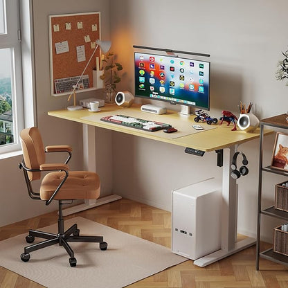 55x24 Inches Height Adjustable Electric Standing Desk with 2 Hooks for Home Office, Ergonomic Sit Stand up Desk with Splice Board, Oak