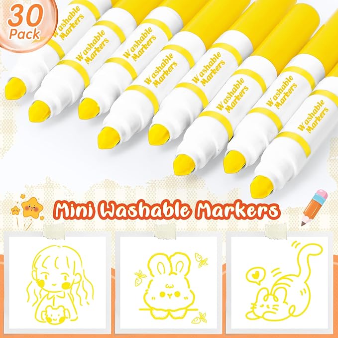 Janlaugh 30 Pcs Mini Washable Markers Bulk Broad Line Conical Tip Washable Mark Pen Set Short Coloring Paint Pen for Art Projects Teacher Party Favors (Yellow)