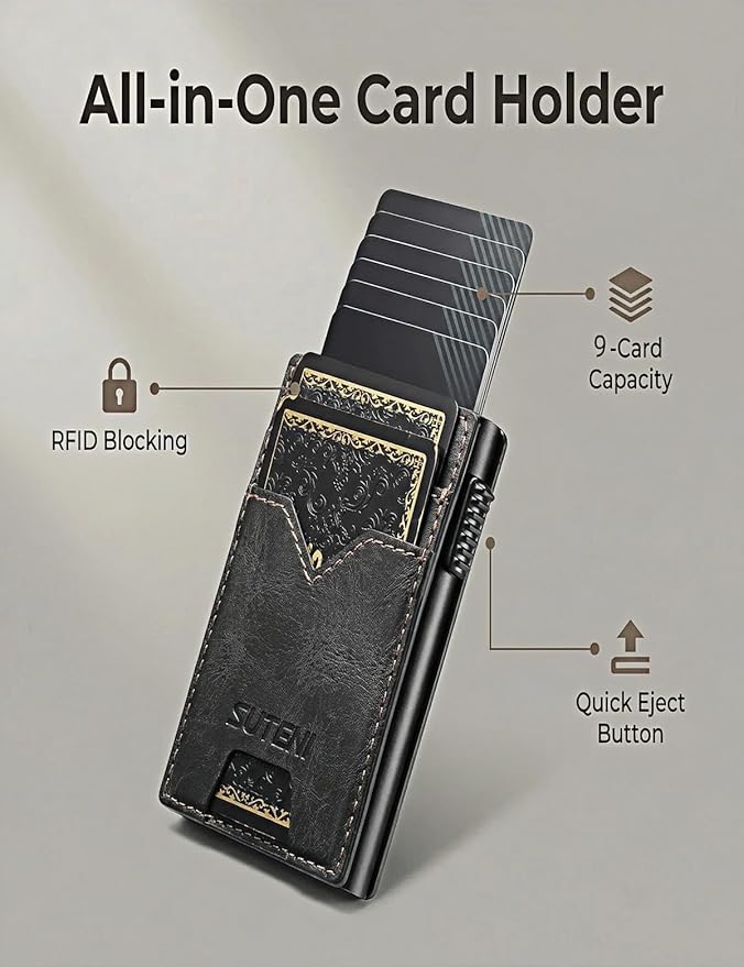 Men's Slim Wallet, RFID Blocking Metal Card Holder, Pop Up Design, Minimalist Style, Holds 9 Cards (Black)