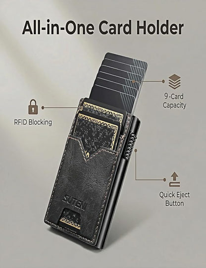 Men's Slim Wallet, RFID Blocking Metal Card Holder, Pop Up Design, Minimalist Style, Holds 9 Cards (Black)