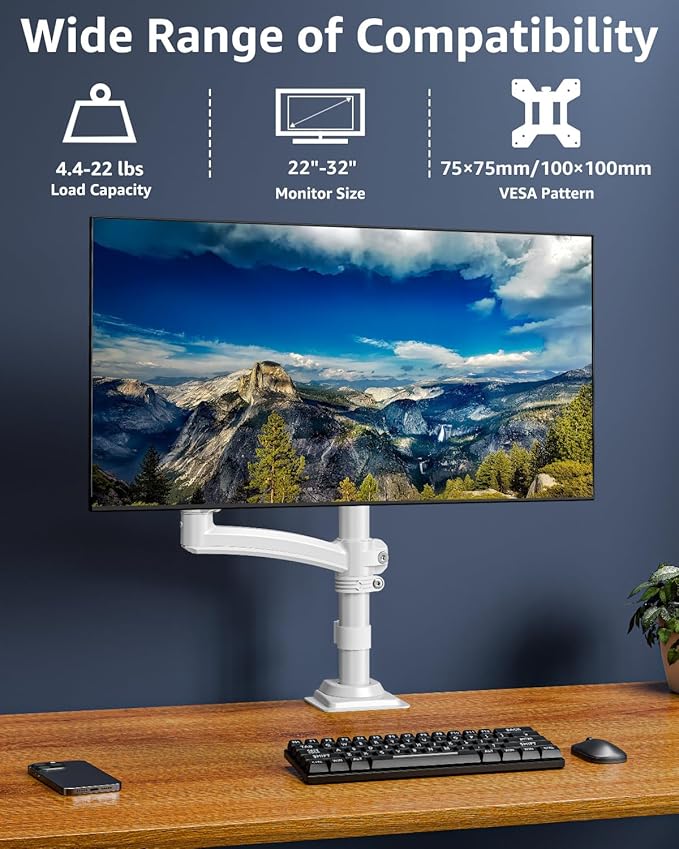 Single Monitor Arm Holds 4.4-22lbs, Monitor Stand for Desk, Height Adjustable Monitors Mount for 32 27 24 22inch, Full-Motion Monitors Desk Mount with C-Clamp＆Grommet Base, Freelift White