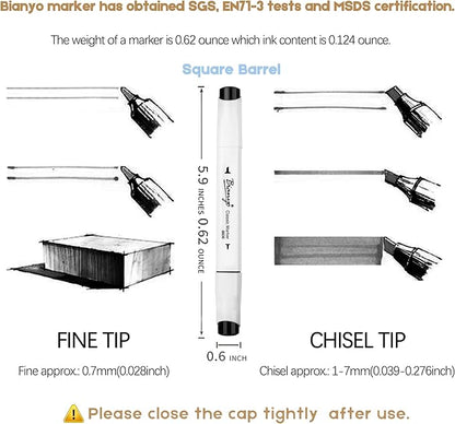 Bianyo 12 Black Alcohol Markers, Dual Tip Fine & Chisel Art Markers for Drawing, Sketching, Outlining & Highlighting