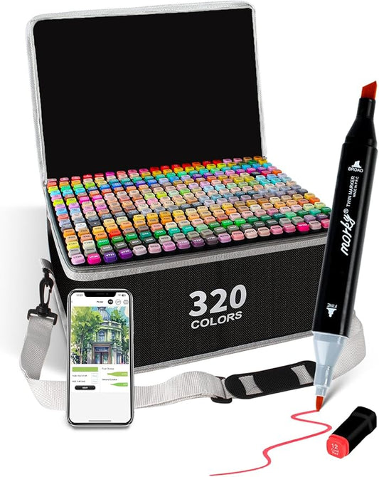 320 Colors Alcohol Markers with Free App, Chisel & Fine Tip Alcohol-Based Marker Set for Adults, Dual Tip Artist Markers for Drawing, Coloring Illustration, Painting and Great Gift Idea