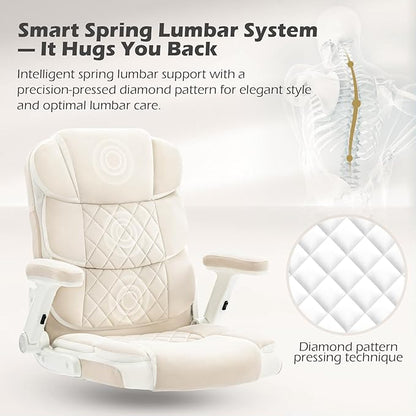 SEATZONE Home Office Desk Chairs with Wheels and Flip-up Armrests,Velvet Fabric Executive Office Chair Comfortable Ergonomic Computer Chairs for Adults and Teens,Beige