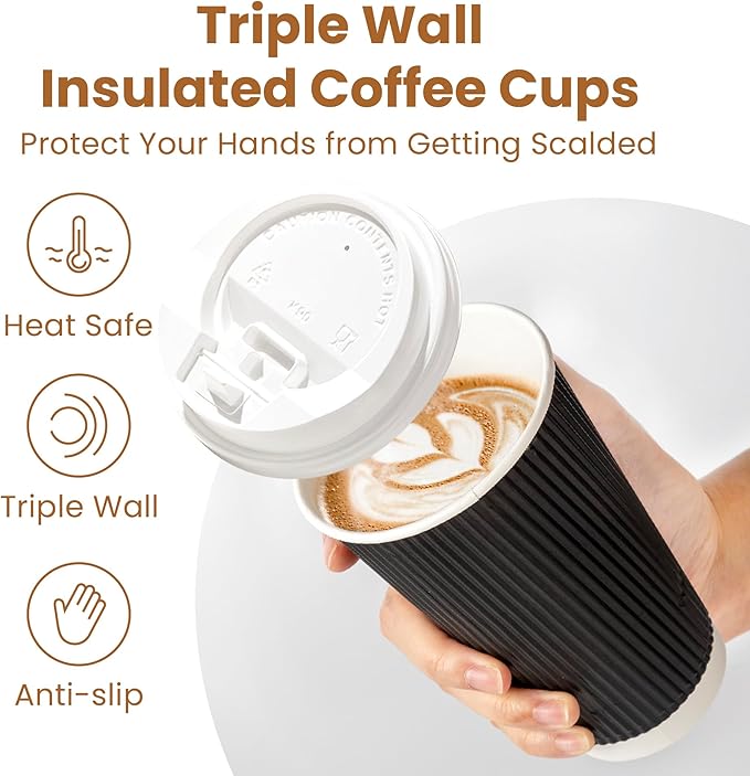 Fit Meal Prep 250 Pack 16 oz Black Disposable Coffee Cups with Lids & Stirrers, Corrugated Triple Wall To Go Hot Cups, Insulated Paper Coffee Cups for Hot Beverages, Travel, Home, Office (White Lids)