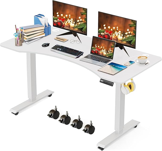 Electric Standing Ergonomic Desk 55 x 24 Inches Adjustable Height Curved Sit Stand Up Desk for Home Office Computer Gaming with Memory Preset, Headphone Hook, Wheels (White Frame & White Top)