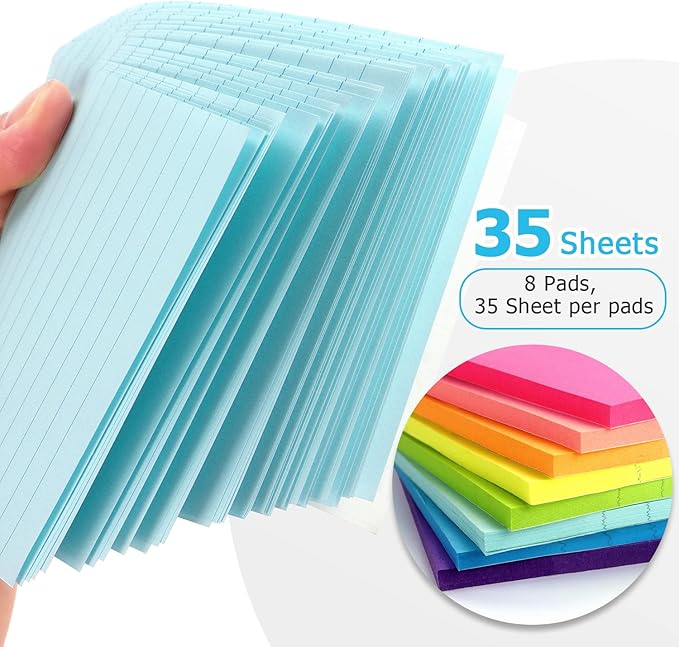 Eastern Wolf 8 Pads Lined Sticky Notes 4x6 Sticky Notes with Lines Self-Stick Note Pads 8 Bright Multi Colors, 35 Sheet/Pad