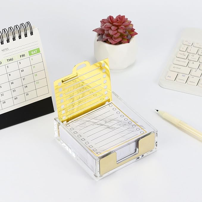 Buqoo Gold Acrylic Sticky Note Holder with Metal Stencil, 2* Sticky Notes 3"x3", Post It Note Dispenser Sticky Note Pad Holder Organizer for to Do Lists, Grocery Lists, Project Lsts It Holds