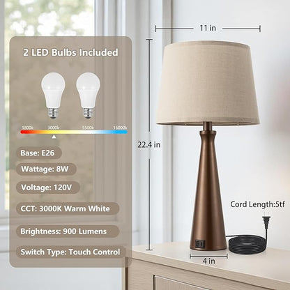 Seealle Modern Table Lamps Set of 2 - Touch Bedside Lamp for Nightstand with USB C+A,3-Way Dimmable Brown Nightstand Lamps for Living Room Bedroom End Table with Oat Shade(Bulb Included)