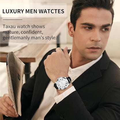 Mens Watches Luxury Dress Waterproof Leather Watch with Date Day Analog Quartz Large Number Wrist Watch Casual Classic Luminous Scales Big Face Easy Read Reloj para Hombre