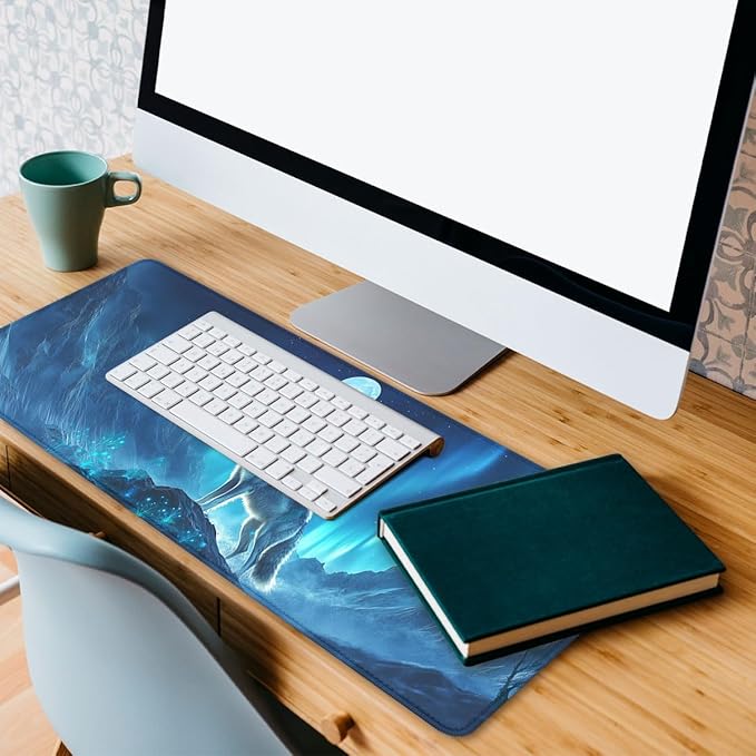 Howling Wolf Desk Pad Mouse Pad Northern Lights Full Moon Aurora Large Gaming Mouse Mat with Stitched Edges,Non-Slip Waterproof Rubber Base Mous Mat 31.5"x11.8"