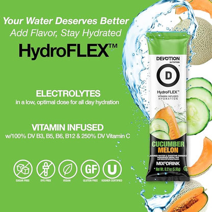 Devotion Nutrition HydroFLEX Water Flavoring Packets – Sugar-Free Hydration with Vitamins & Electrolytes – Dye-Free, Gluten-Free (Cucumber Melon) 12-Pack Drink Mix