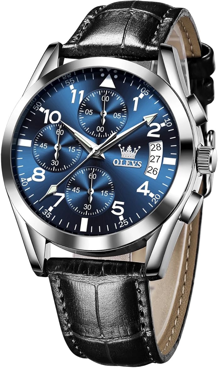 OLEVS Men's Chronograph Leather Watch, Big Face Easy to Read Analog Quartz Dress Watch, Casual Waterproof Luminous Hands Date Watches for Men, White/Blue/Black/Gold Dial