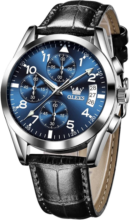 OLEVS Men's Chronograph Leather Watch, Big Face Easy to Read Analog Quartz Dress Watch, Casual Waterproof Luminous Hands Date Watches for Men, White/Blue/Black/Gold Dial