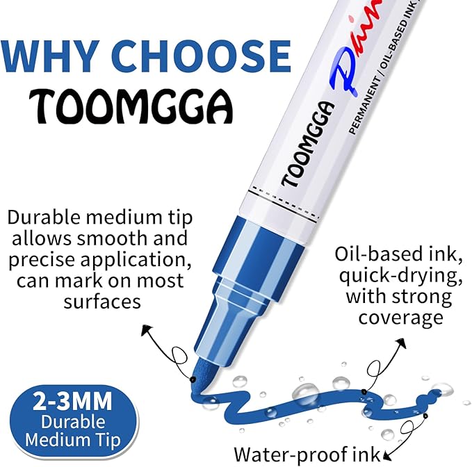 Permanent Paint Pens Blue Paint Markers 12 Pack Oil Based Markers, Quick Drying and Waterproof Marker Pen, Car Tire, Metal, Rock Painting, Wood, Plastic, Canvas, Craft Supplies for Adults