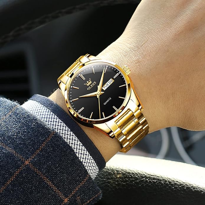 OLEVS Men's Luxury Watch Waterproof Luminous Easy Read Chronograph Watches Full Gold/White Dail/Black Face with Calendar Wristwatch