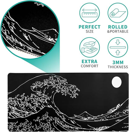 Japanese Sea Wave Gaming Mouse Pad 27.6x11.8 Inch Anime Black Large Mousepad Extended Kanagawa Mousepad Gaming Non-Slip Rubber Base Stitched Edges Keyboard Mouse Mat Desk Pad for Office Home Game
