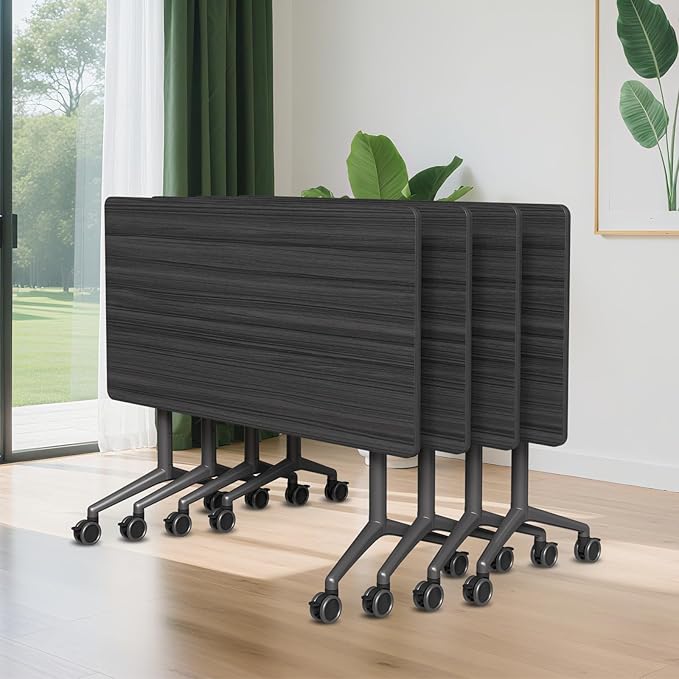 Conference Room Table, 55 Inch Folding Conference Tables with Wheels, Modern Office Meeting Table, Easy Flip & Nest Design, Rectangular Seminar Tables with Metal Frame for 2-24 People (N, 4PCS)